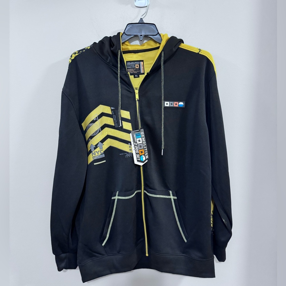 NWT Men's Demolition Tech Gear Black and Yellow Full Zip Graphic Hoodie. Size XL